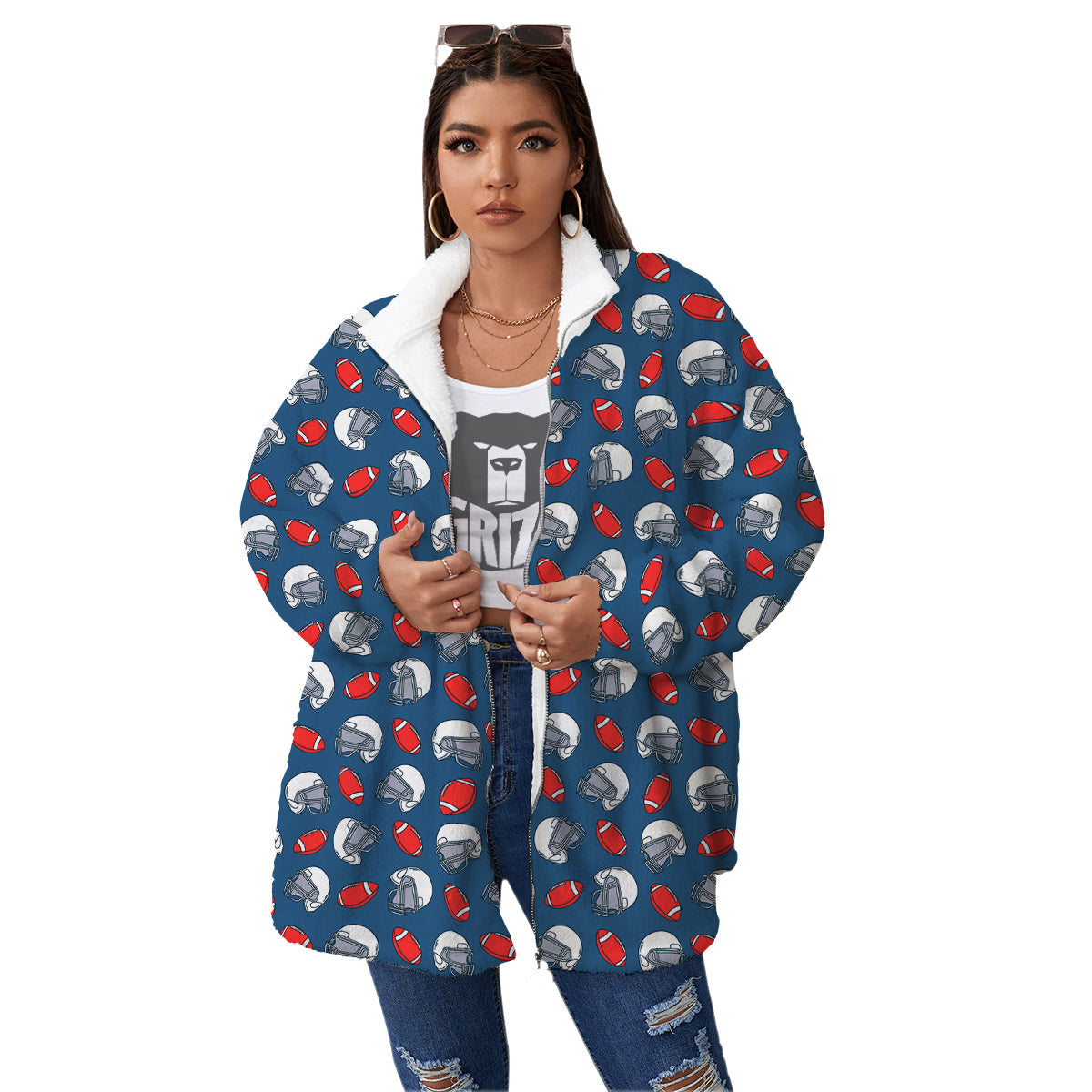 American Football Print Pattern Women's Sherpa Jacket-grizzshop