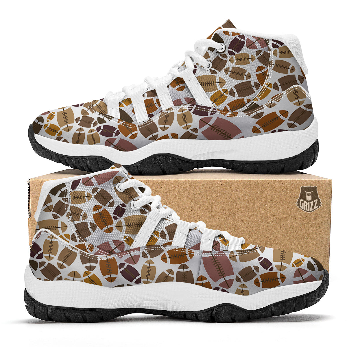 American Football Rugby Ball Pattern Print White Bball Shoes-grizzshop