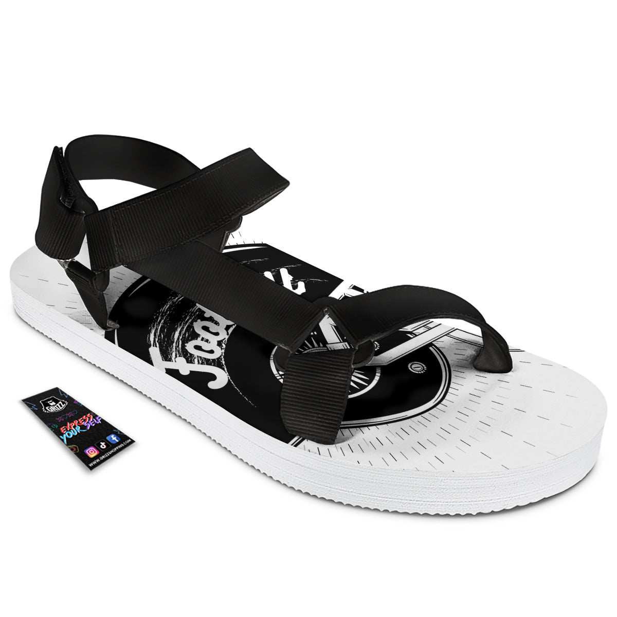 American Football White And Black Print Black Open Toe Sandals-grizzshop