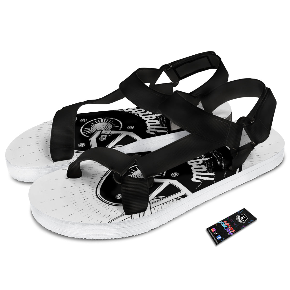 American Football White And Black Print Black Open Toe Sandals-grizzshop