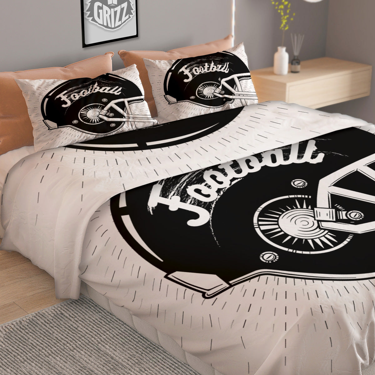 American Football White And Black Print Duvet Cover Bedding Set