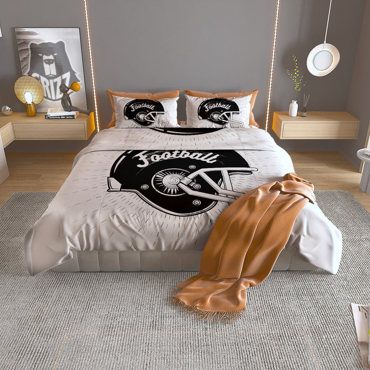 American Football White And Black Print Duvet Cover Bedding Set