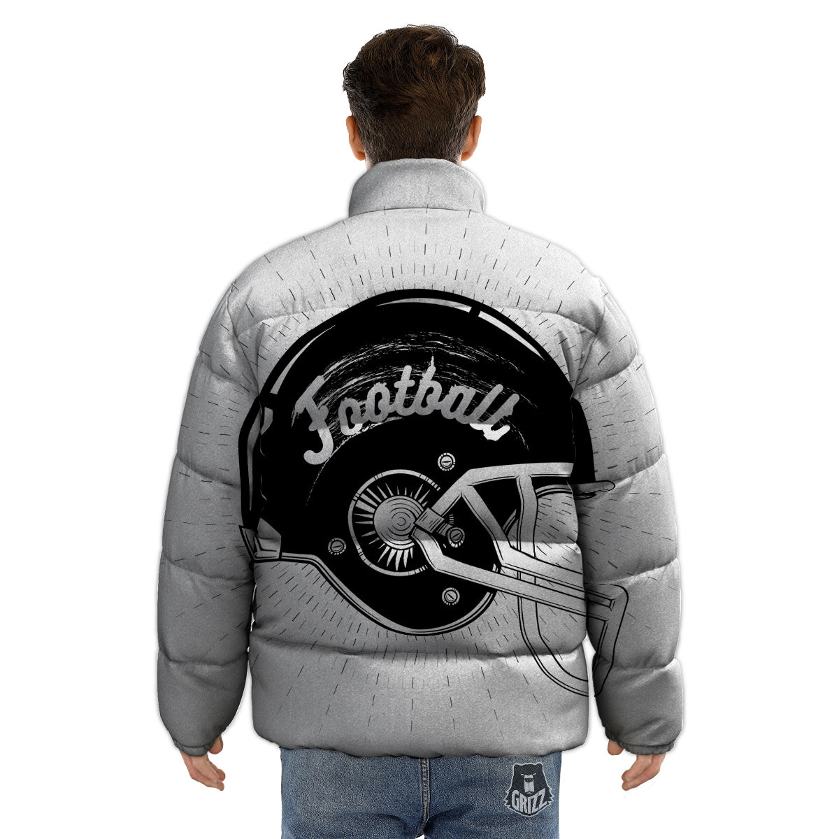 American Football White And Black Print Puffer Jacket-grizzshop