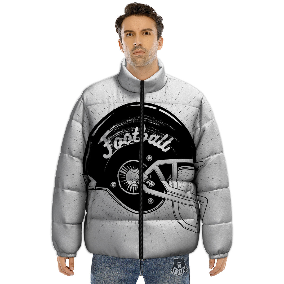 American Football White And Black Print Puffer Jacket-grizzshop