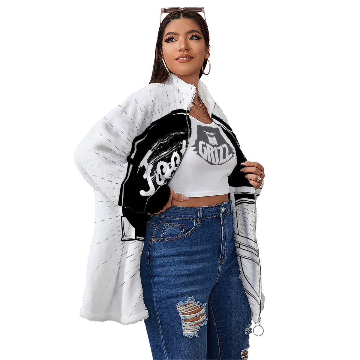 American Football White And Black Print Women's Sherpa Jacket-grizzshop