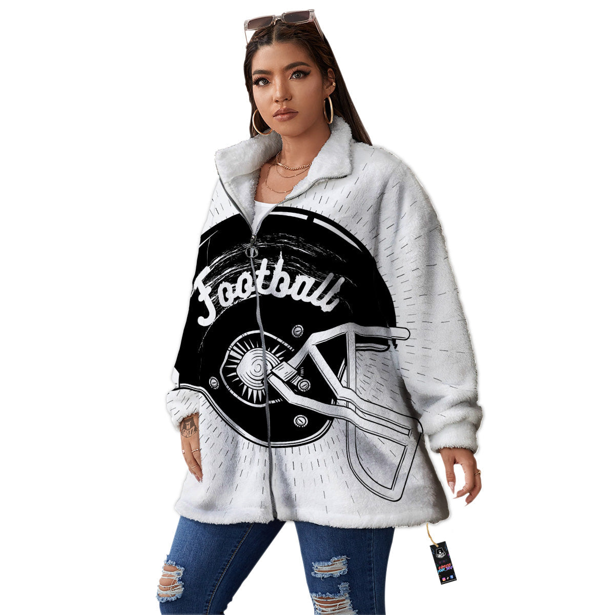 American Football White And Black Print Women's Sherpa Jacket-grizzshop