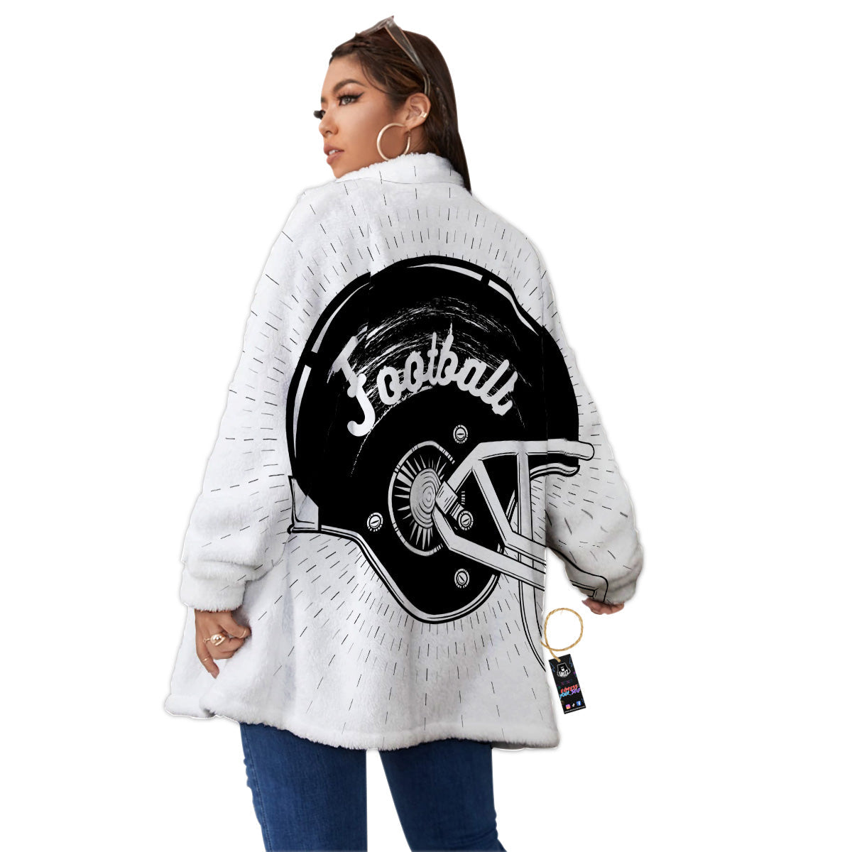 American Football White And Black Print Women's Sherpa Jacket-grizzshop