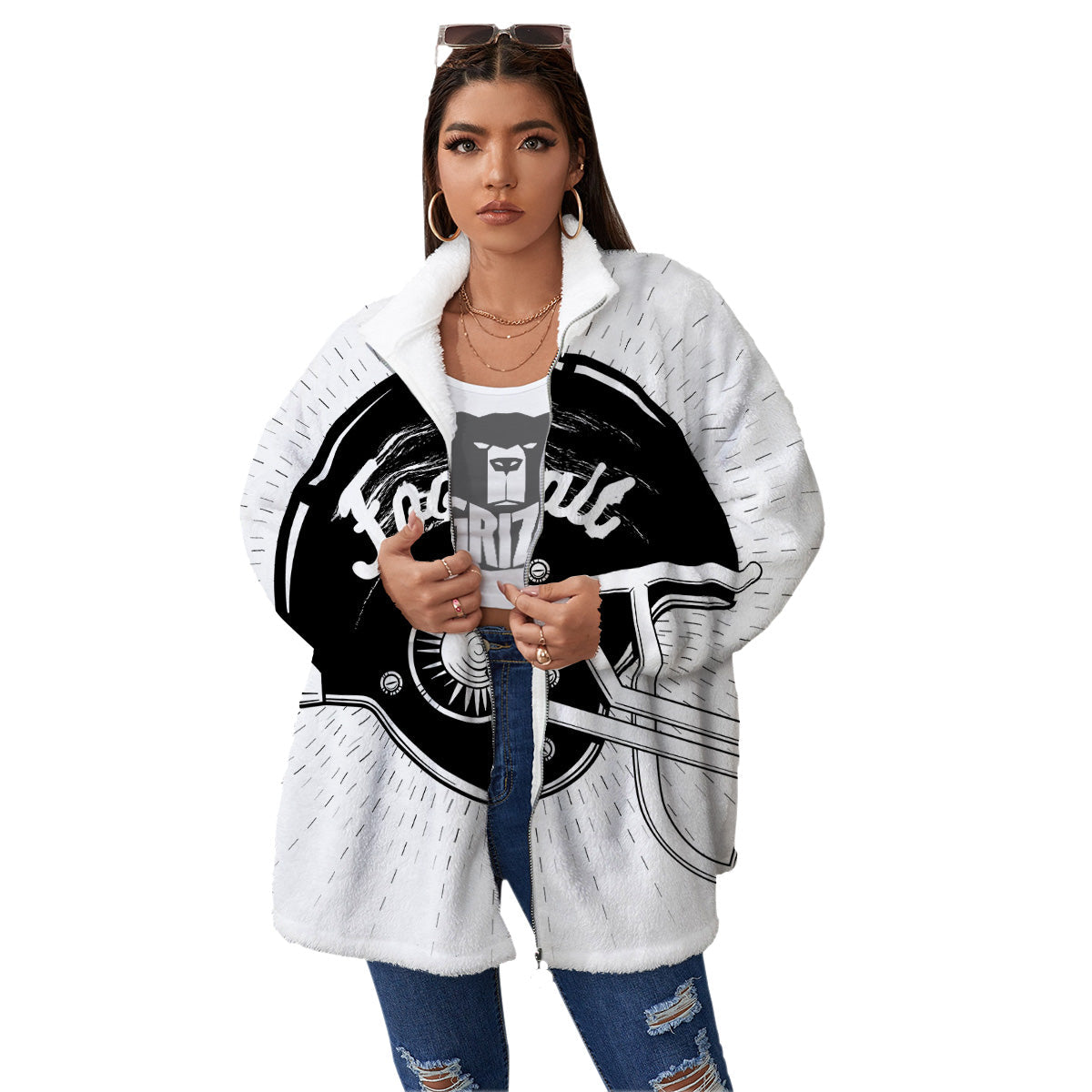 American Football White And Black Print Women's Sherpa Jacket-grizzshop
