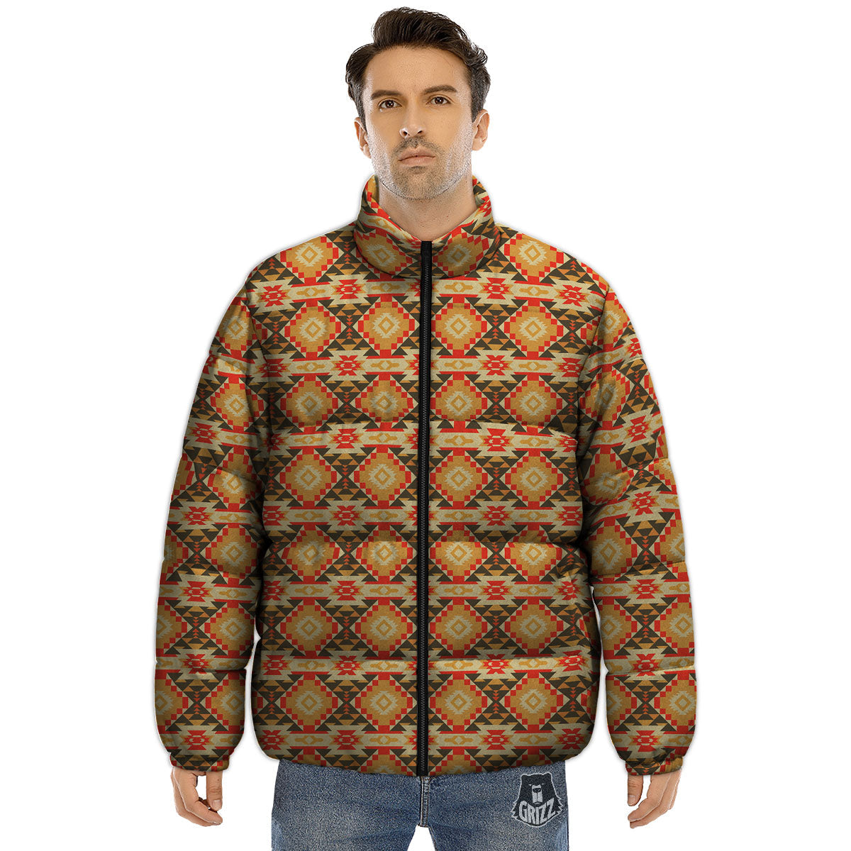 American Geometric Native Print Pattern Puffer Jacket-grizzshop