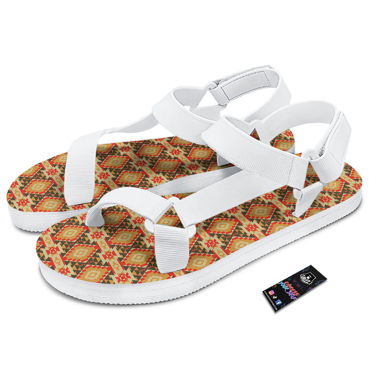 American Geometric Native Print Pattern White Open Toe Sandals-grizzshop