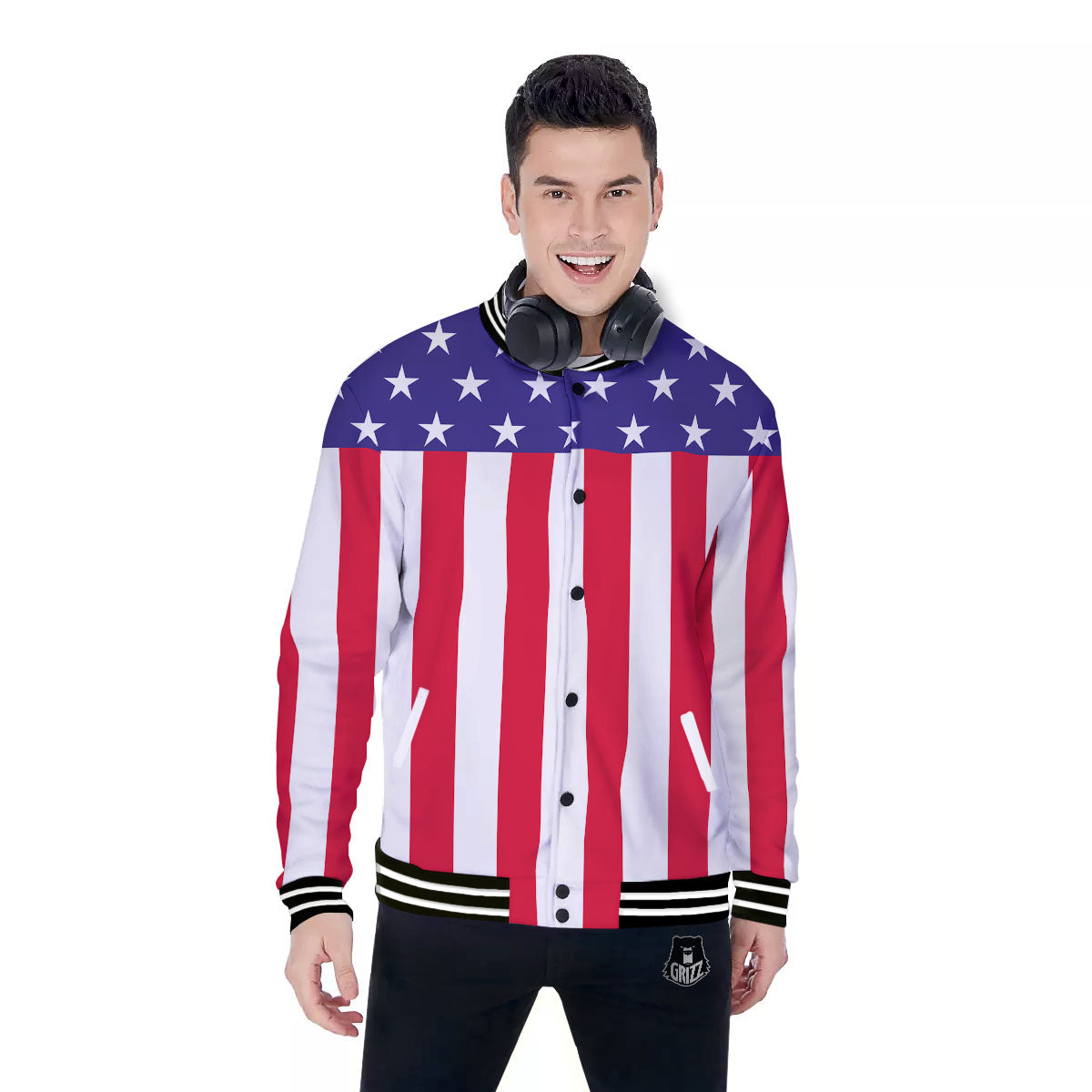 American Military Flag Print Baseball Jacket-grizzshop