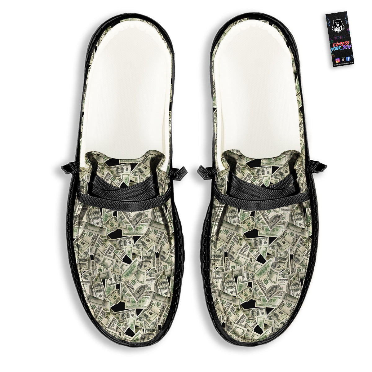 American Money US Dollars Print Pattern Black Loafers-grizzshop