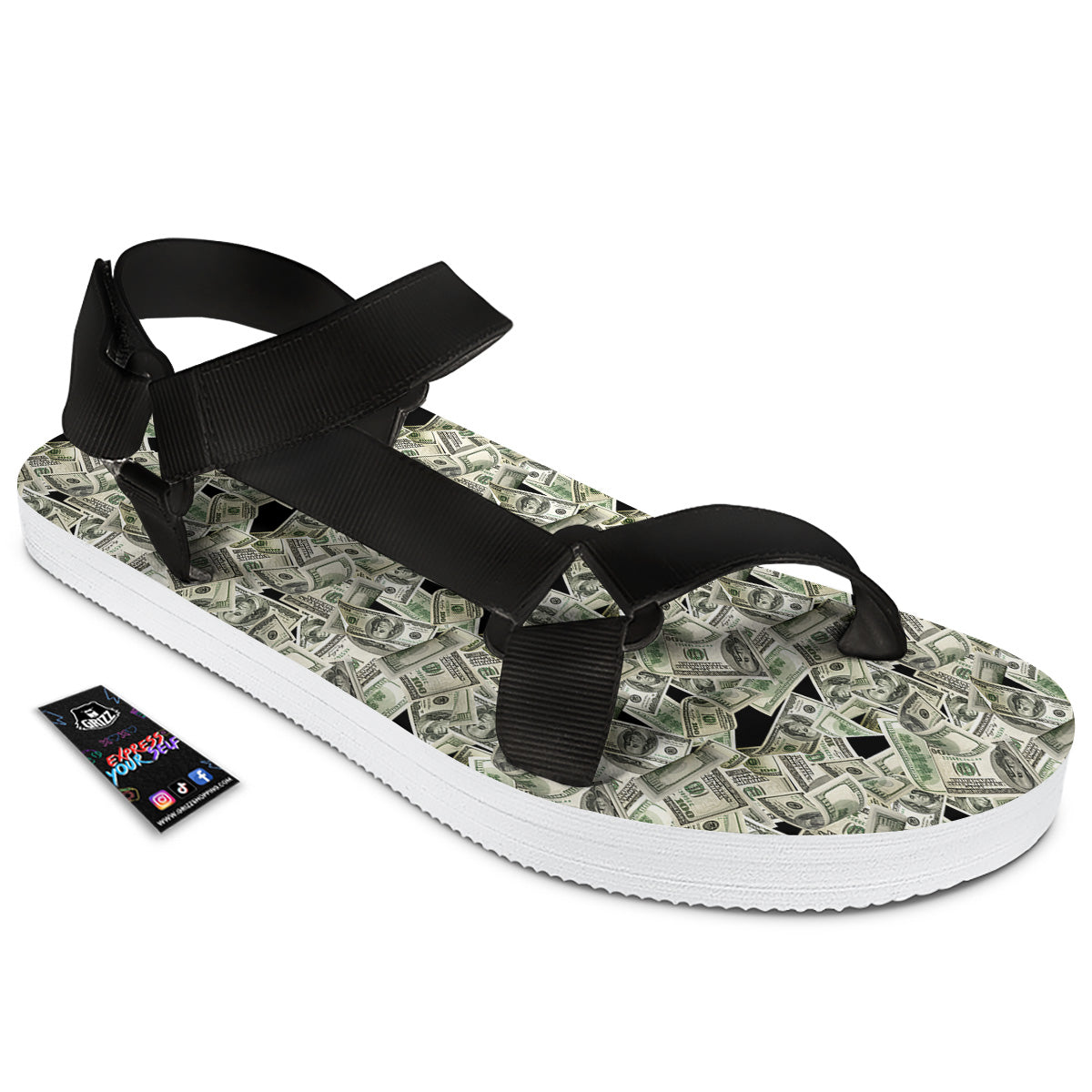 American Money US Dollars Print Pattern Black Open Toe Sandals-grizzshop