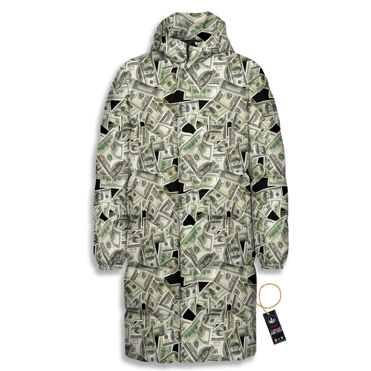 American Money US Dollars Print Pattern Long Down Jacket-grizzshop