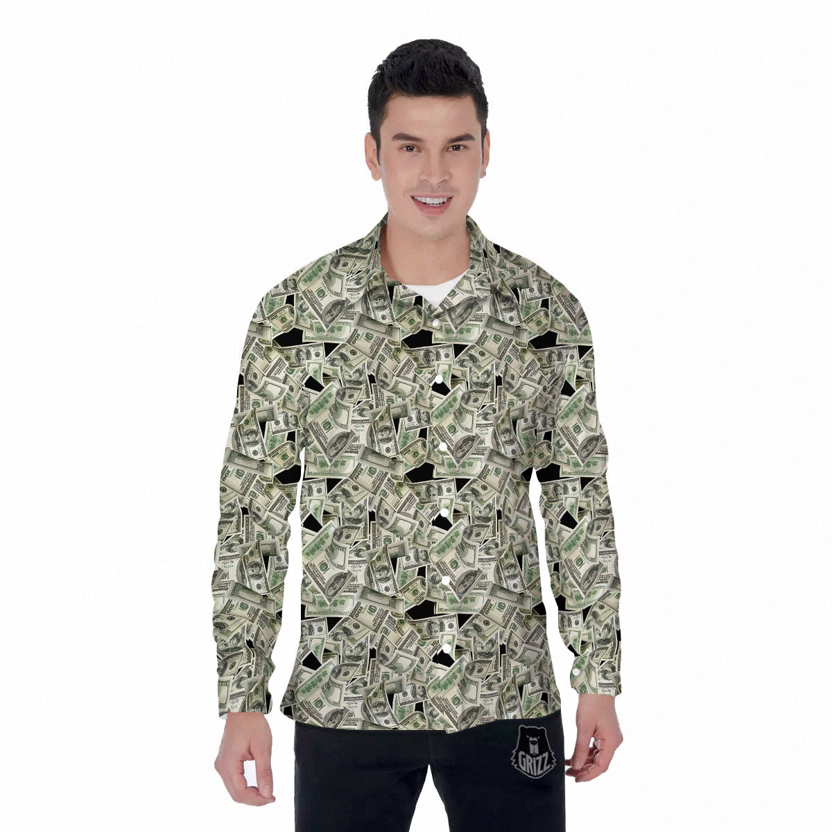 American Money US Dollars Print Pattern Men's Long Sleeve Shirts-grizzshop