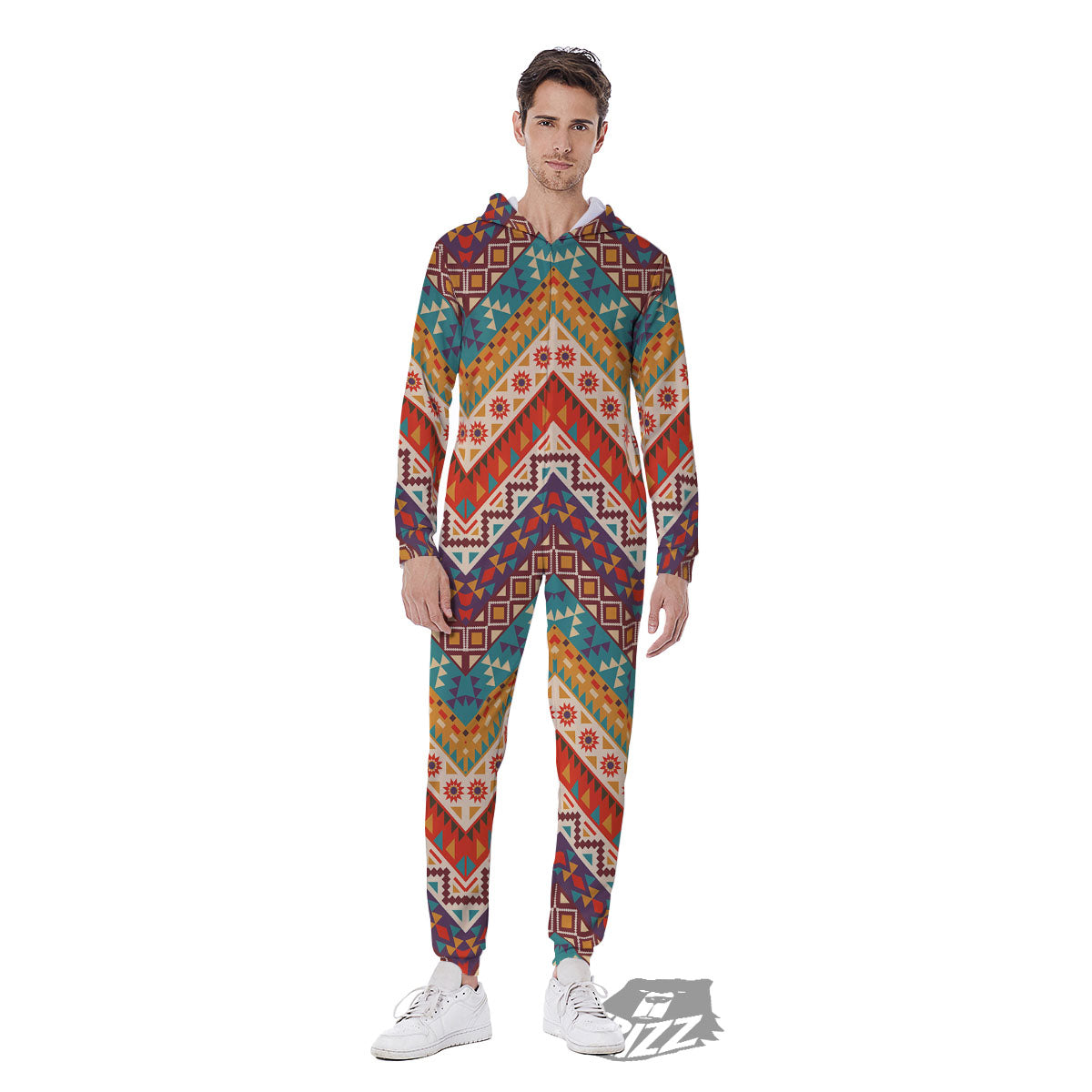 American Native Tribal Chevron Print Men's Jumpsuit-grizzshop