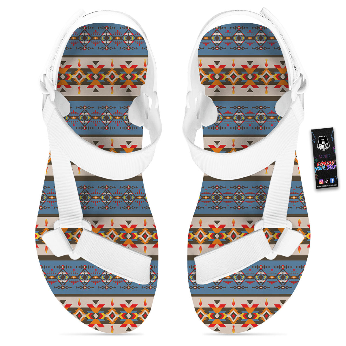 American Native Tribal Navajo Print White Open Toe Sandals-grizzshop
