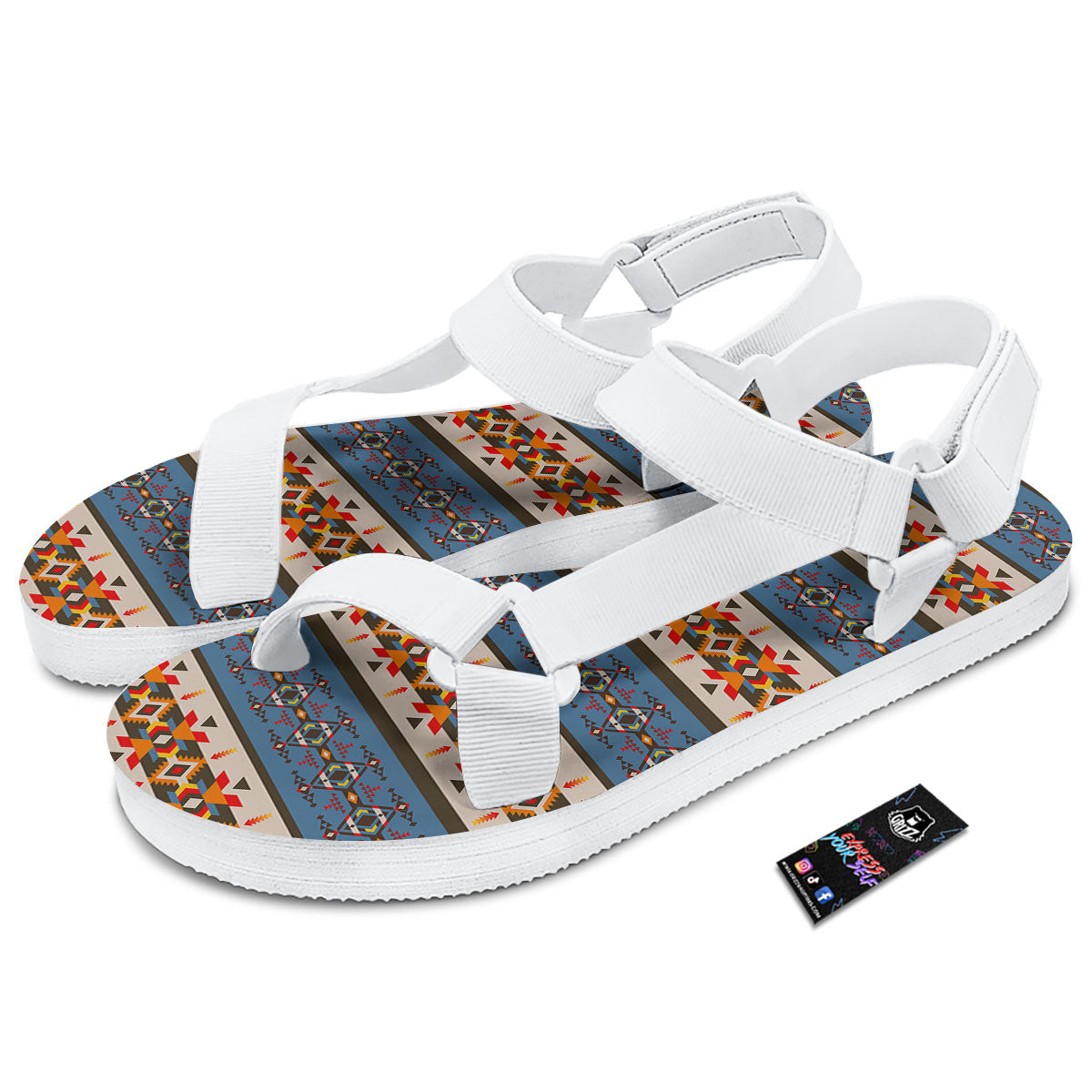 American Native Tribal Navajo Print White Open Toe Sandals-grizzshop