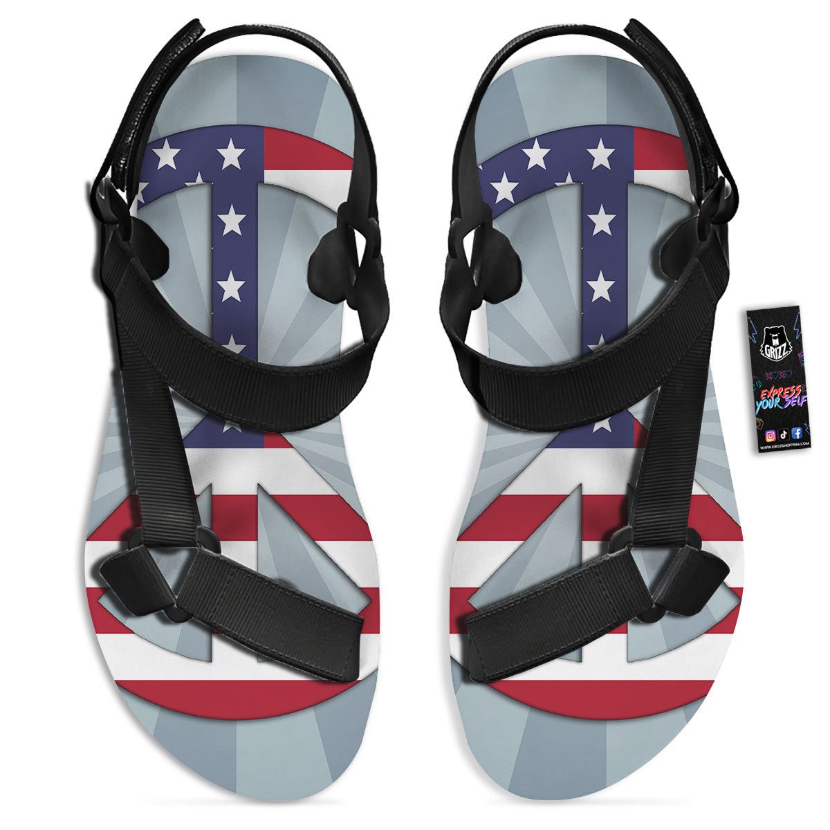 American Peace Flag Print Black Open Toe Sandals-grizzshop