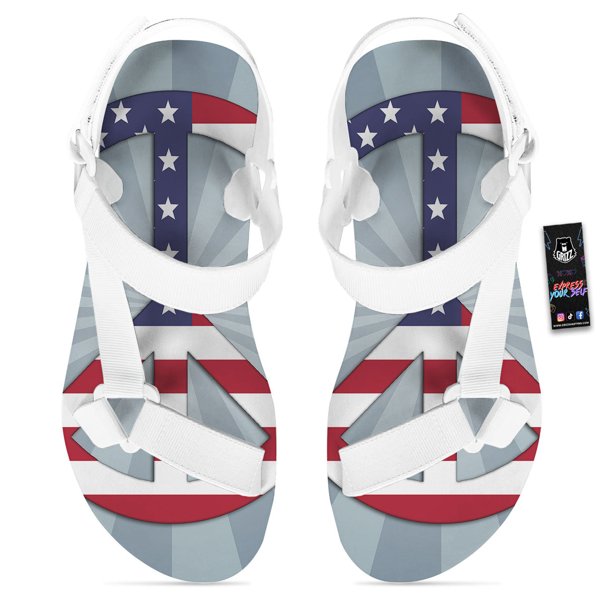 American Peace Flag Print White Open Toe Sandals-grizzshop