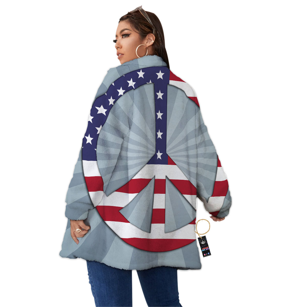 American Peace Flag Print Women's Sherpa Jacket-grizzshop
