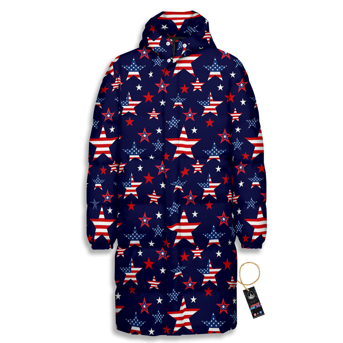 American Star Print Pattern Long Down Jacket-grizzshop