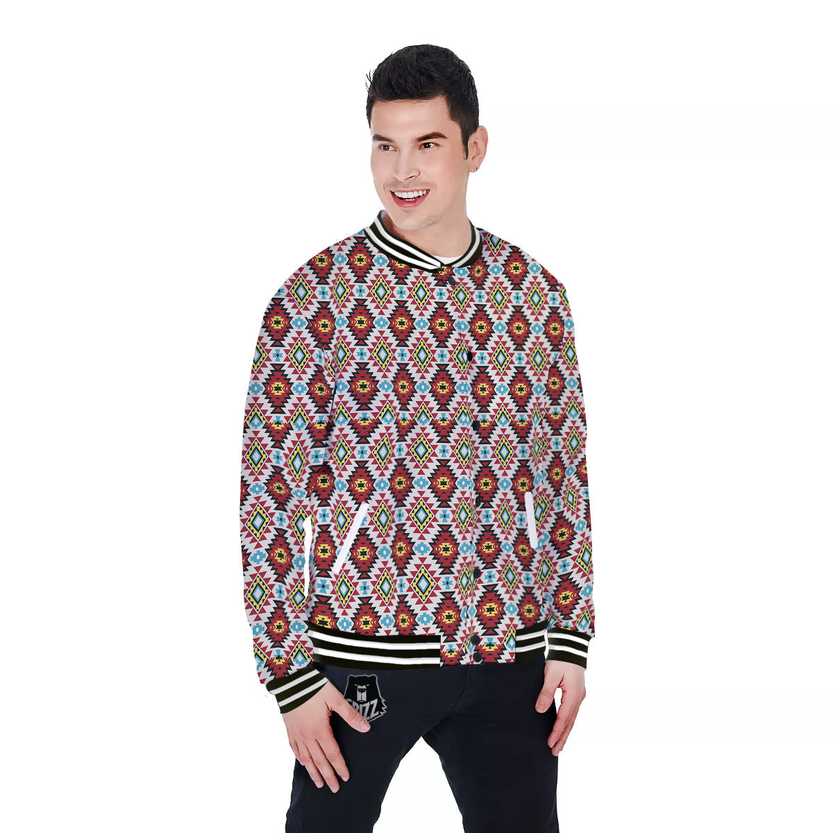 American Turquoise Native Print Pattern Baseball Jacket-grizzshop
