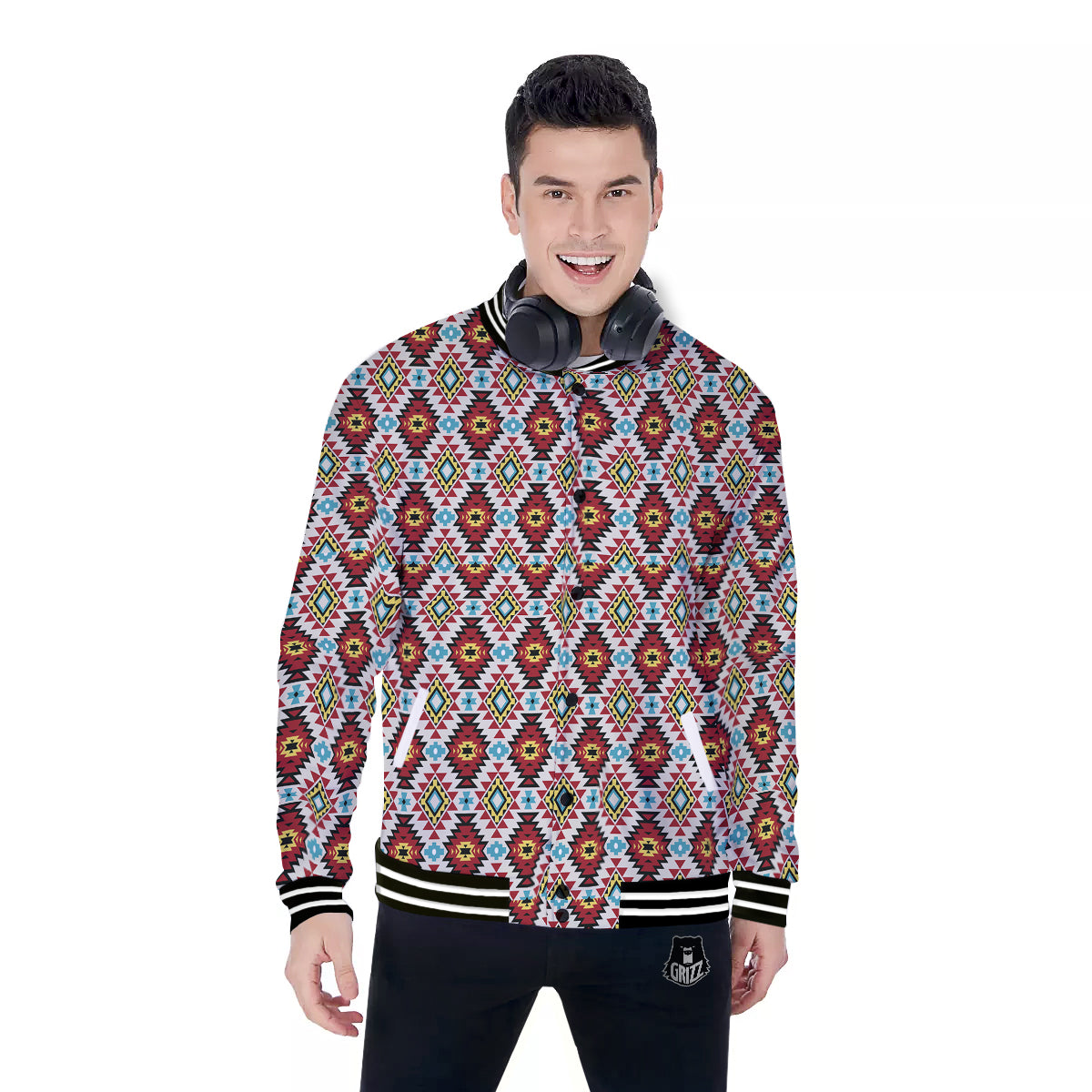 American Turquoise Native Print Pattern Baseball Jacket-grizzshop