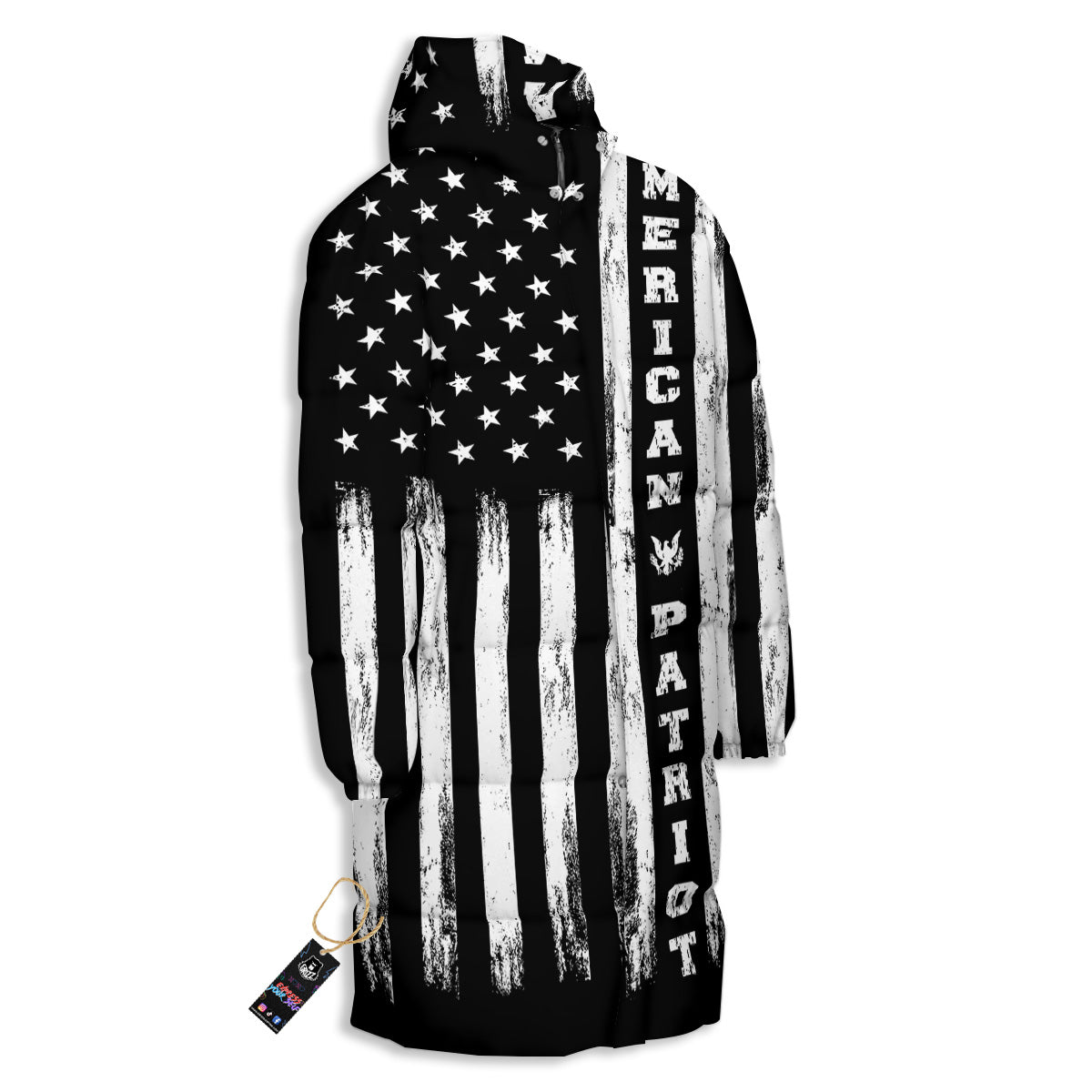 American Flag Grunge White And Black Print Long Down Jacket