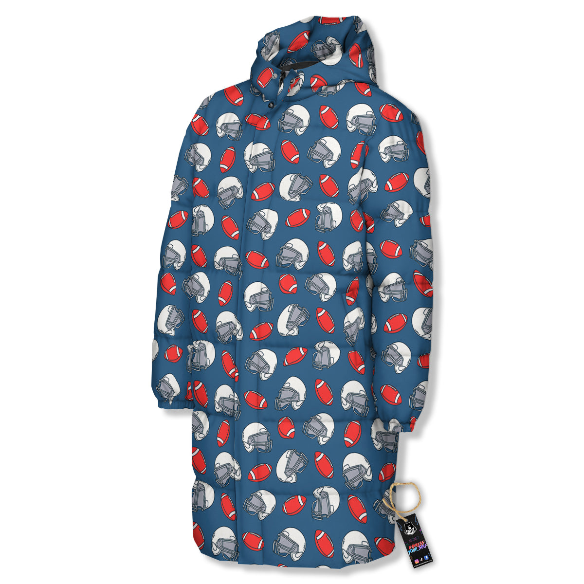 American Football Print Pattern Long Down Jacket
