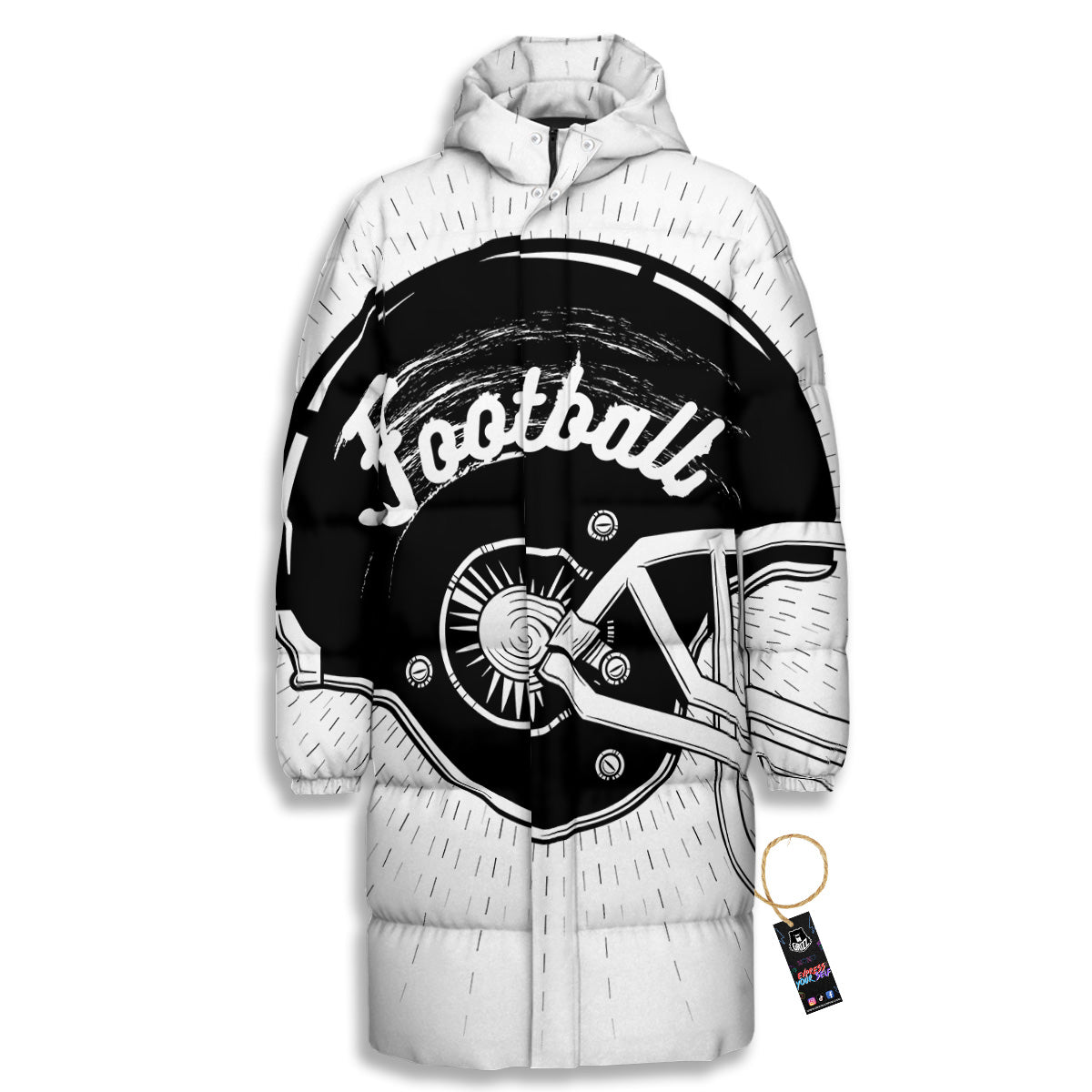 American Football White And Black Print Long Down Jacket