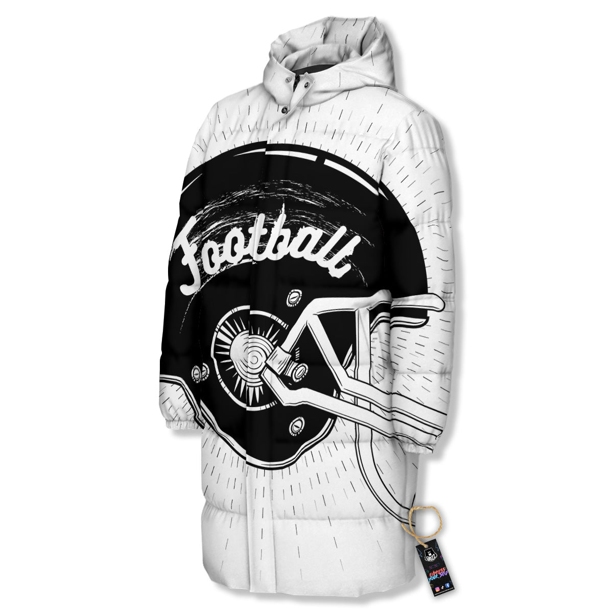 American Football White And Black Print Long Down Jacket