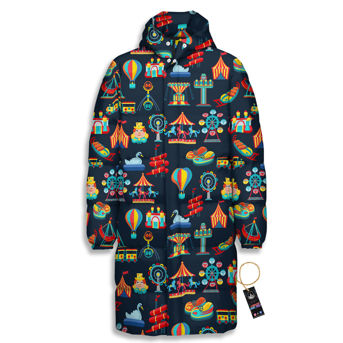 Amusement Park Colorful Print Pattern Long Down Jacket-grizzshop