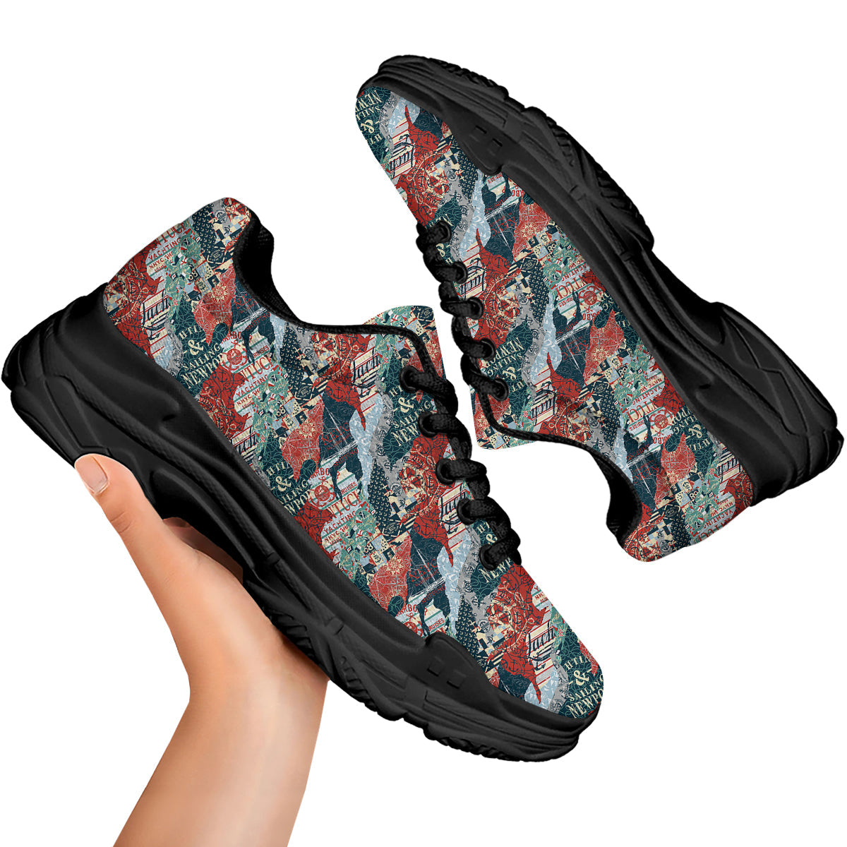 Anchor Abstract Nautical Print Pattern Black Chunky Shoes-grizzshop