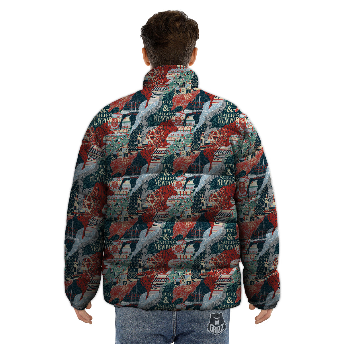 Anchor Abstract Nautical Print Pattern Puffer Jacket-grizzshop