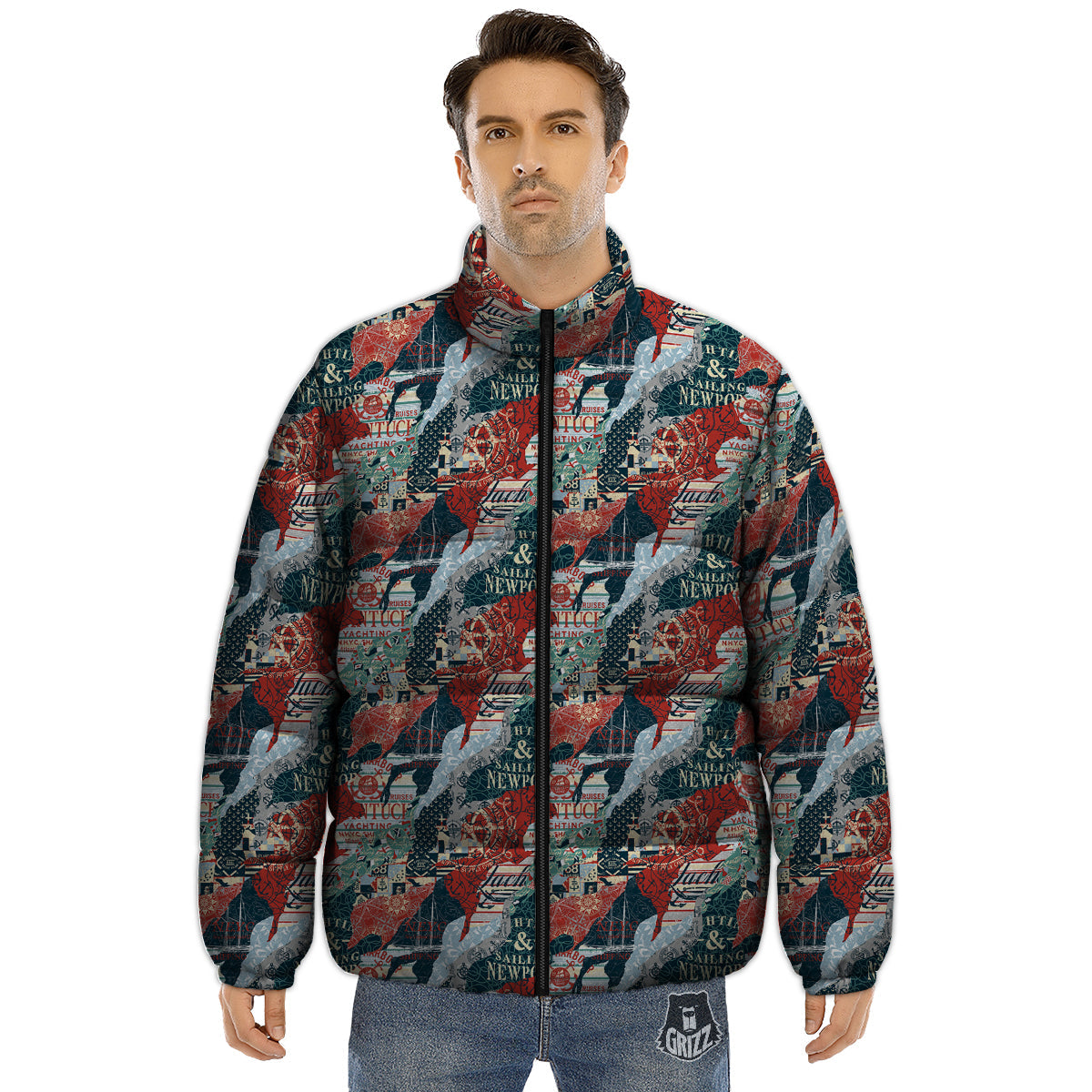 Anchor Abstract Nautical Print Pattern Puffer Jacket-grizzshop