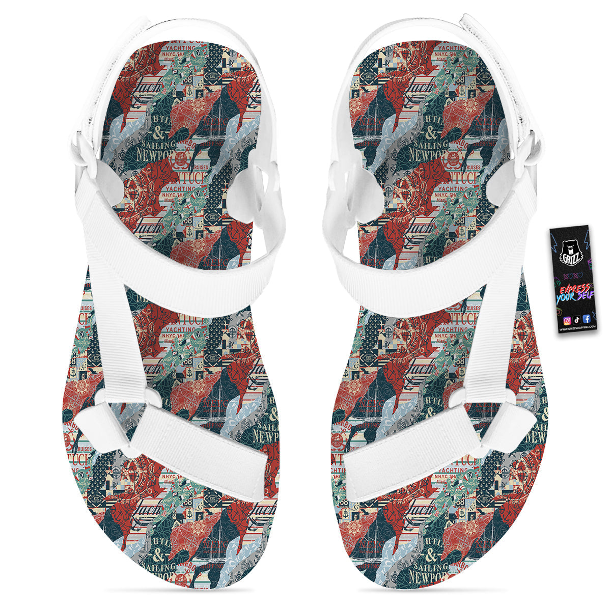 Anchor Abstract Nautical Print Pattern White Open Toe Sandals-grizzshop