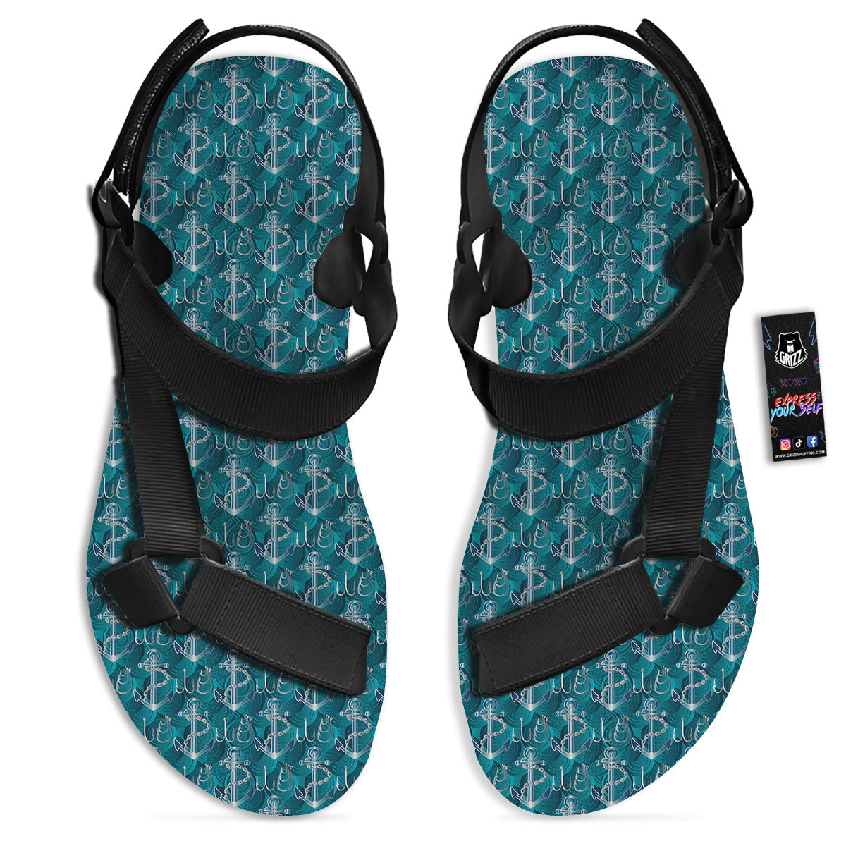 Anchor Blue Print Pattern Black Open Toe Sandals-grizzshop