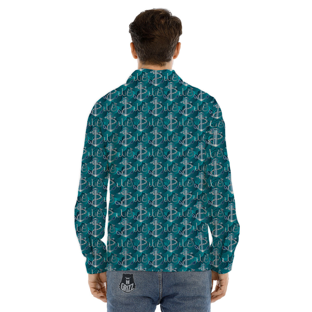 Anchor Blue Print Pattern Men's Dress Shirts-grizzshop