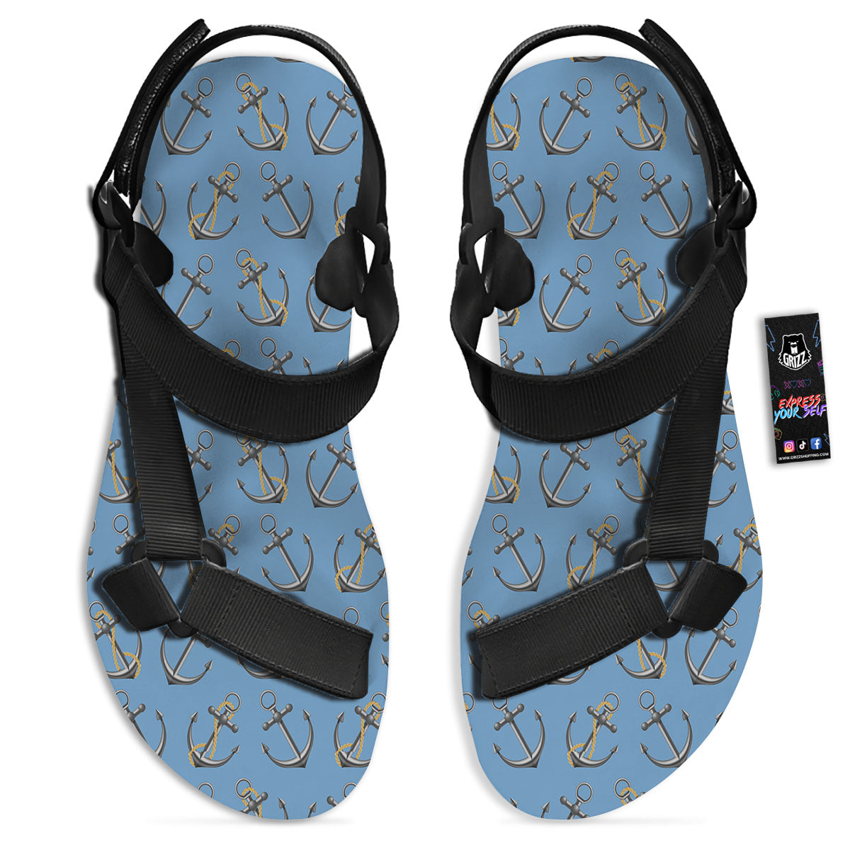 Anchor Nautical Print Pattern Black Open Toe Sandals-grizzshop