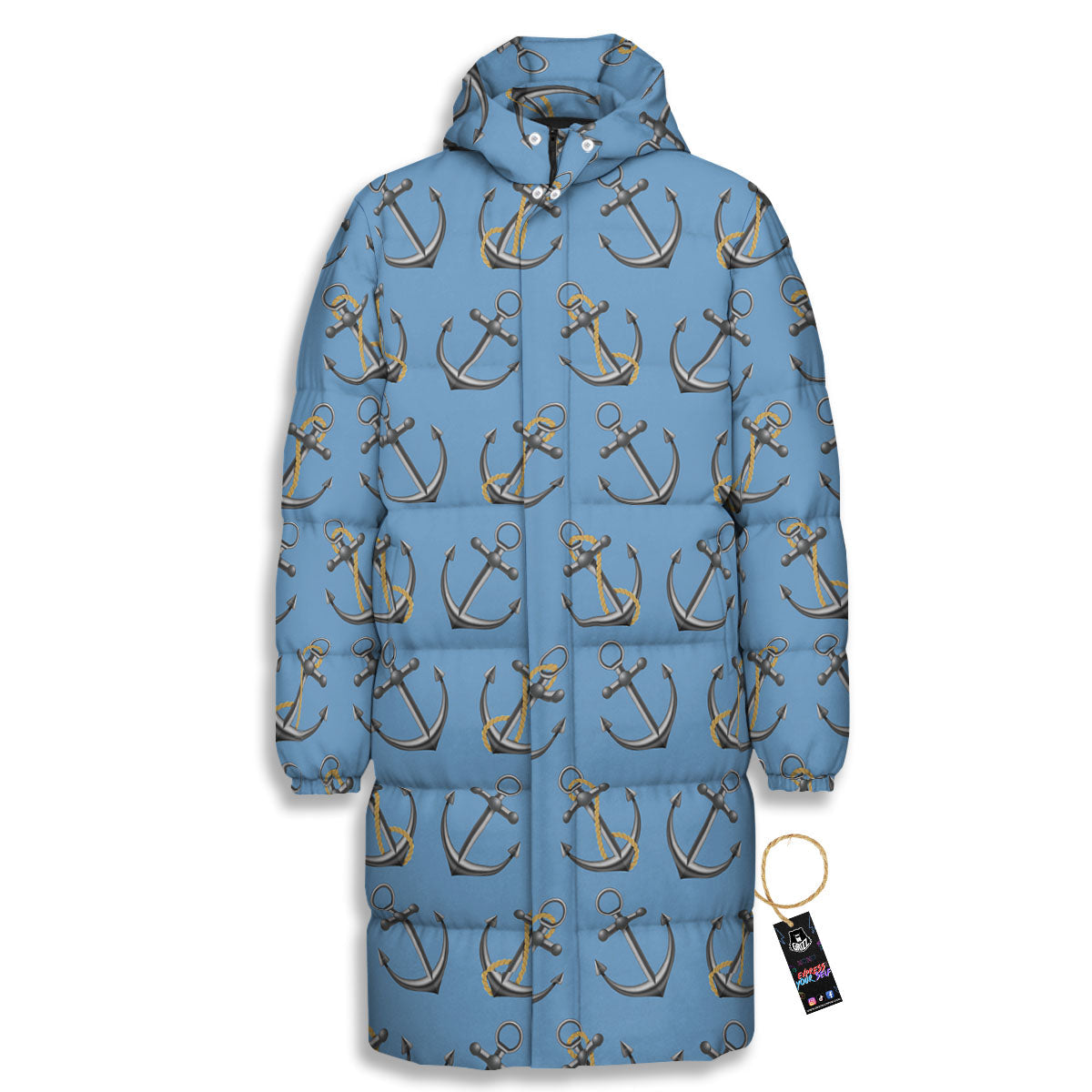 Anchor Nautical Print Pattern Long Down Jacket-grizzshop