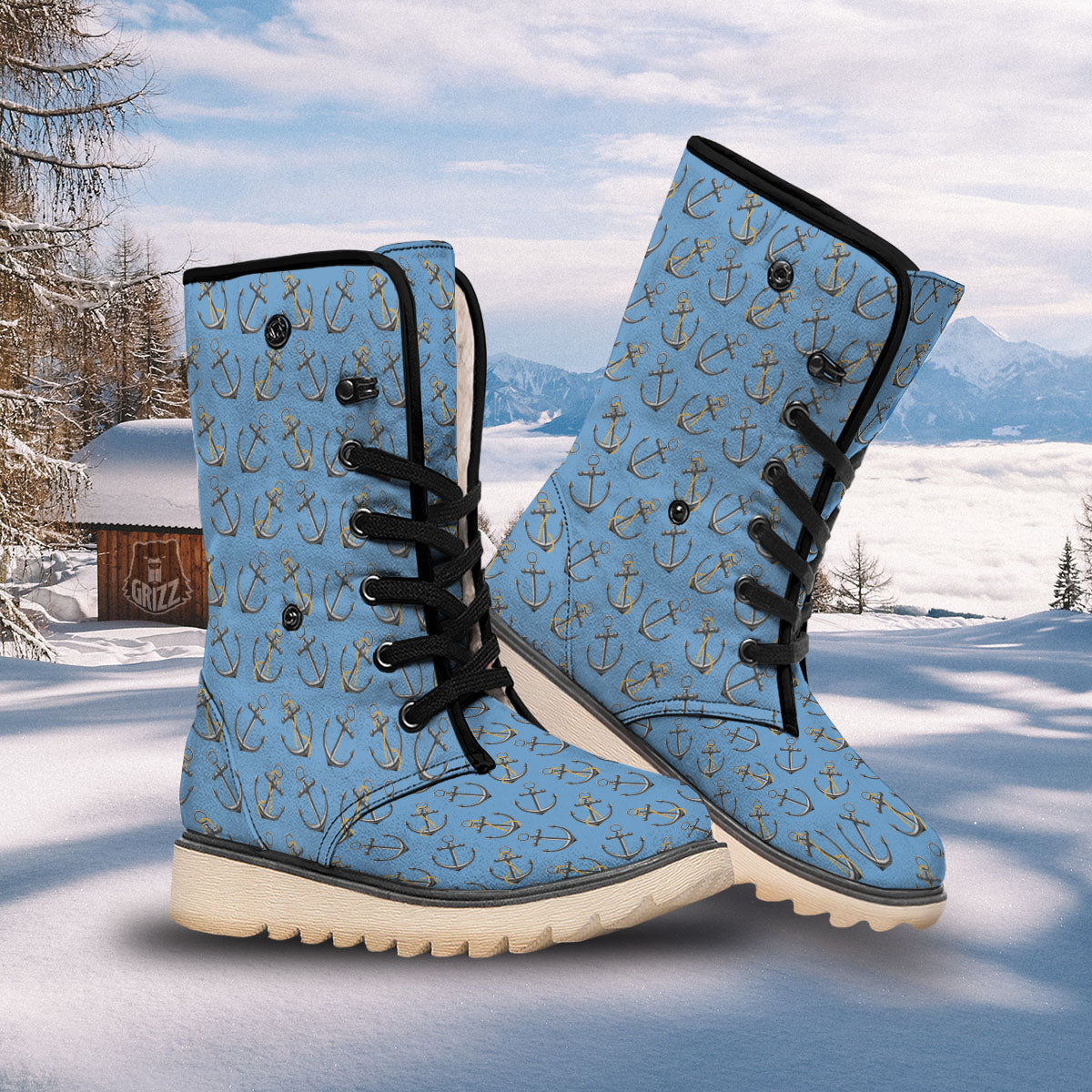Anchor Nautical Print Pattern Snow Boots-grizzshop