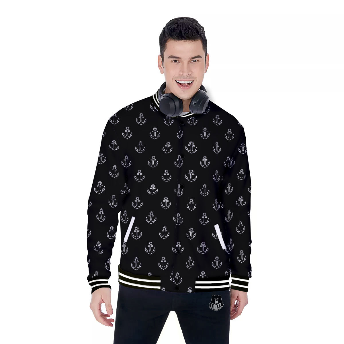 Anchor White And Black Print Pattern Baseball Jacket-grizzshop