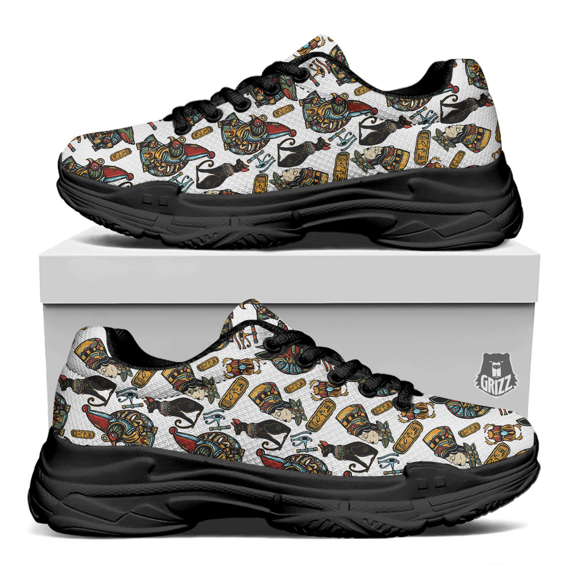 Ancient Egypt Old School Tattoo Print Pattern Black Chunky Shoes-grizzshop