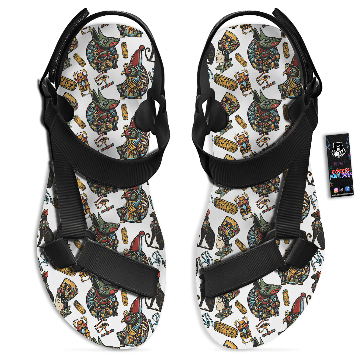 Ancient Egypt Old School Tattoo Print Pattern Black Open Toe Sandals-grizzshop