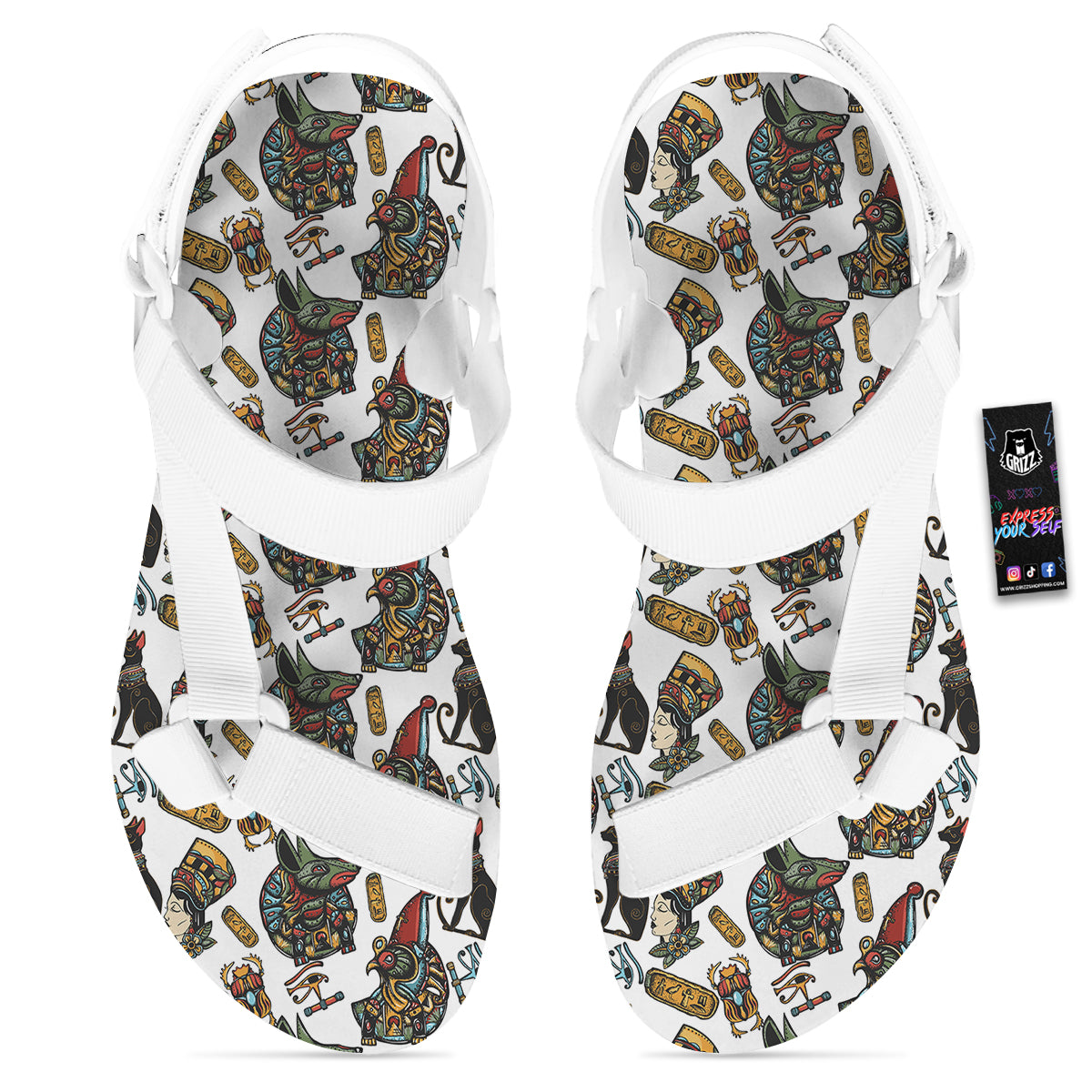 Ancient Egypt Old School Tattoo Print Pattern White Open Toe Sandals-grizzshop