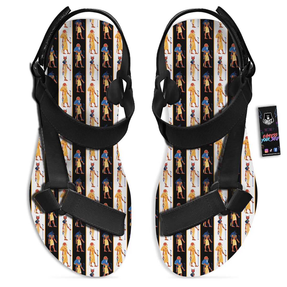 Ancient Egypt Stripe Print Pattern Black Open Toe Sandals-grizzshop