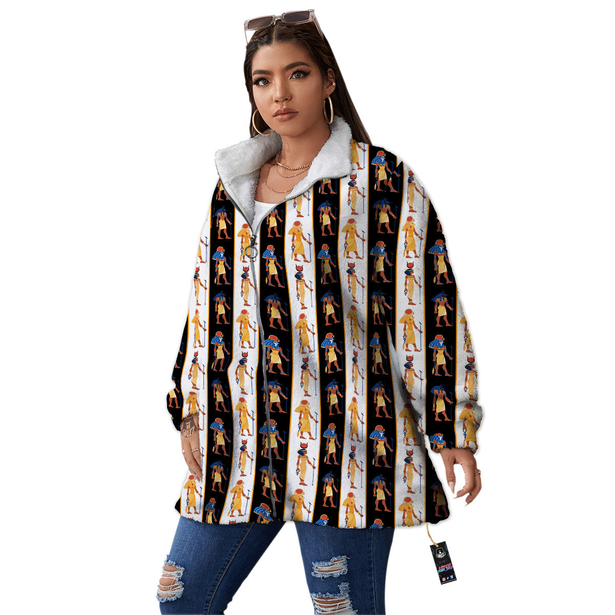 Ancient Egypt Stripe Print Pattern Women's Sherpa Jacket-grizzshop