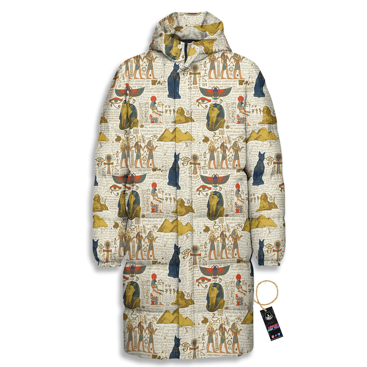Ancient Egypt Text Print Pattern Long Down Jacket-grizzshop
