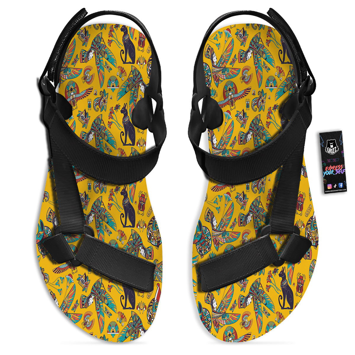 Ancient Egypt Yellow Print Pattern Black Open Toe Sandals-grizzshop